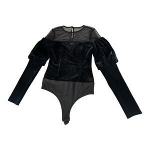 BEBE Velvet Velour Sheer Black Stretch Bodysuit Size XS‎